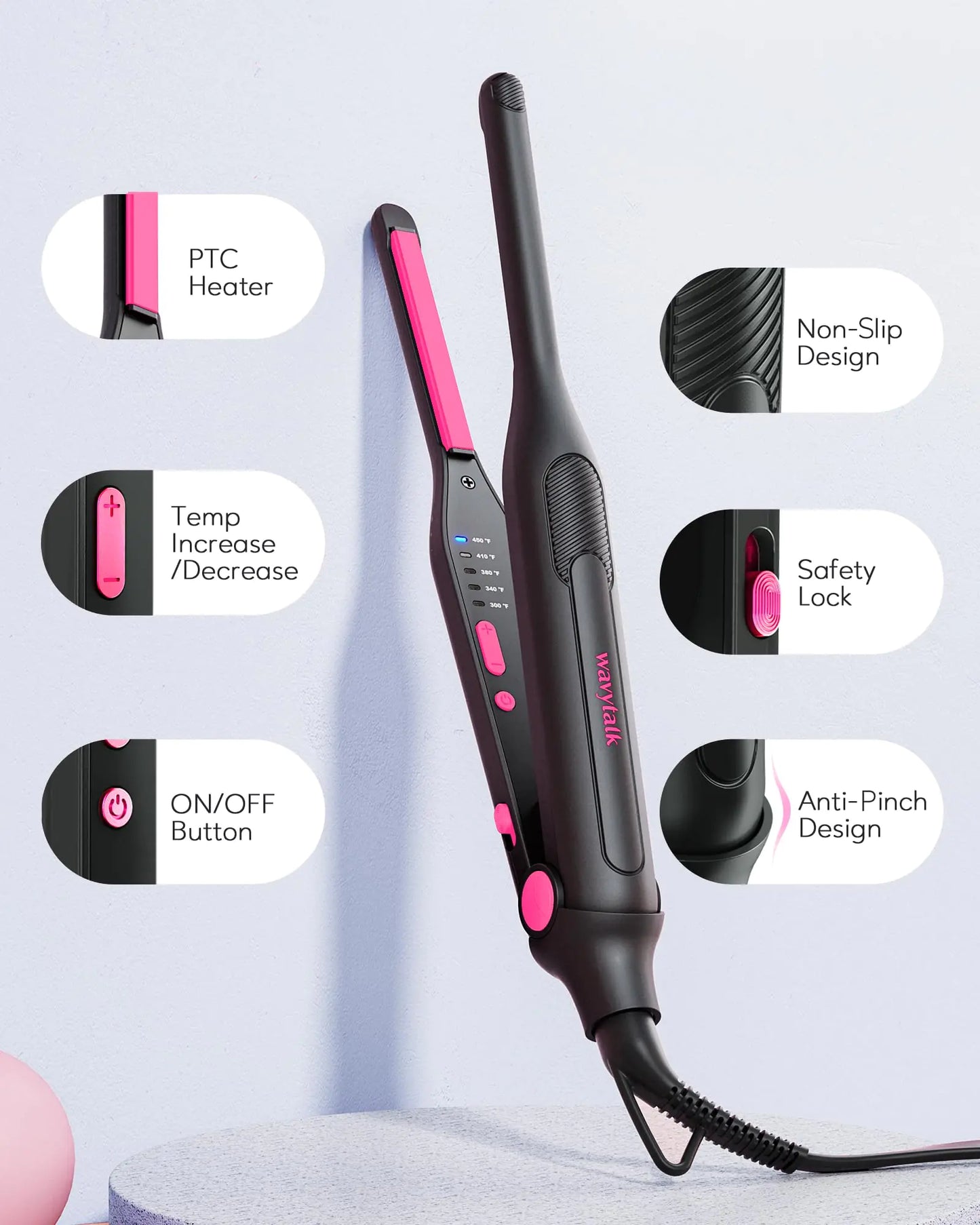 Wavytalk Small Flat Iron for Short Hair/Pixie Cut/Bangs/Edges, 3/10" Pencil Flat Iron, Mini Hair Straightener with Anti-Pinch Design, Dual Voltage, Hot Pink