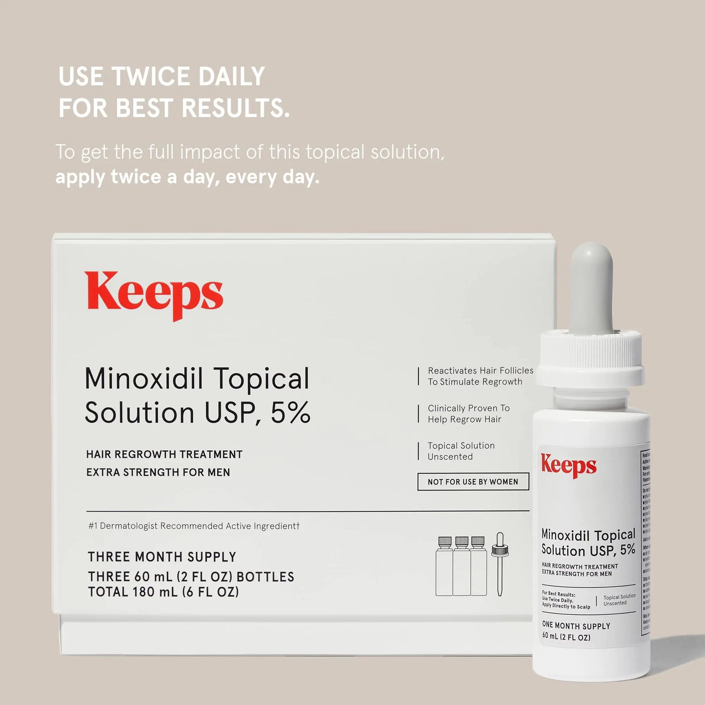 Keeps Extra Strength Minoxidil for Men Topical Hair Growth Serum, 5% Solution Hair Loss Treatment - 3 Month Supply (3 x 2oz Bottles with Dropper) - Slows Hair Loss & Promotes Thicker Hair Regrowth Minoxidil Solution