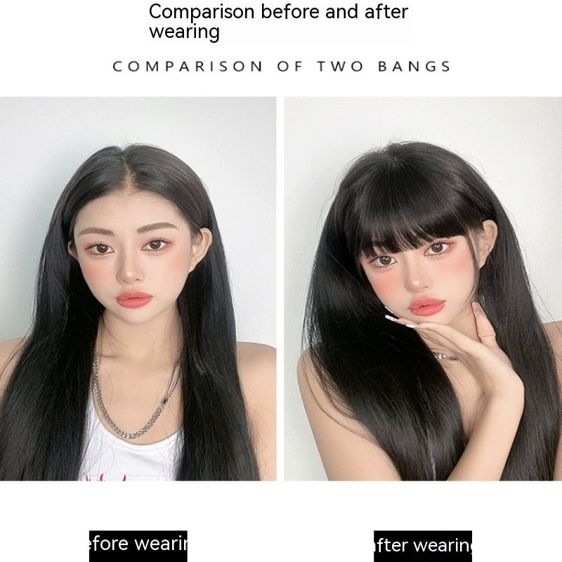 Natural Forehead Artificial Hair Straight Bangs Wig Set Seamless Invisible Wig Set