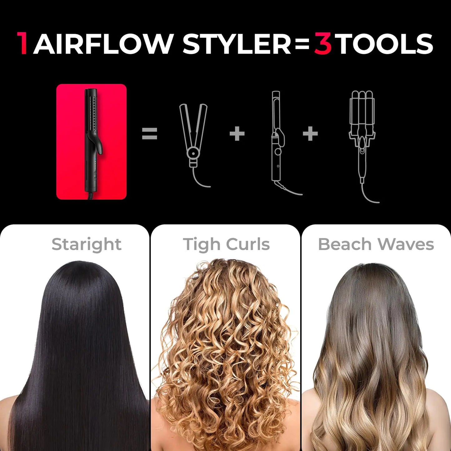 TYMO Airflow Styler Curling Iron - Flat Iron Hair Straightener and Curler 2 in 1, Ionic Ceramic Hair Waver Curing Wand for Short Hair, Lightweight & Dual Voltage for Travel, Anti-Scald, 5 Temps Black