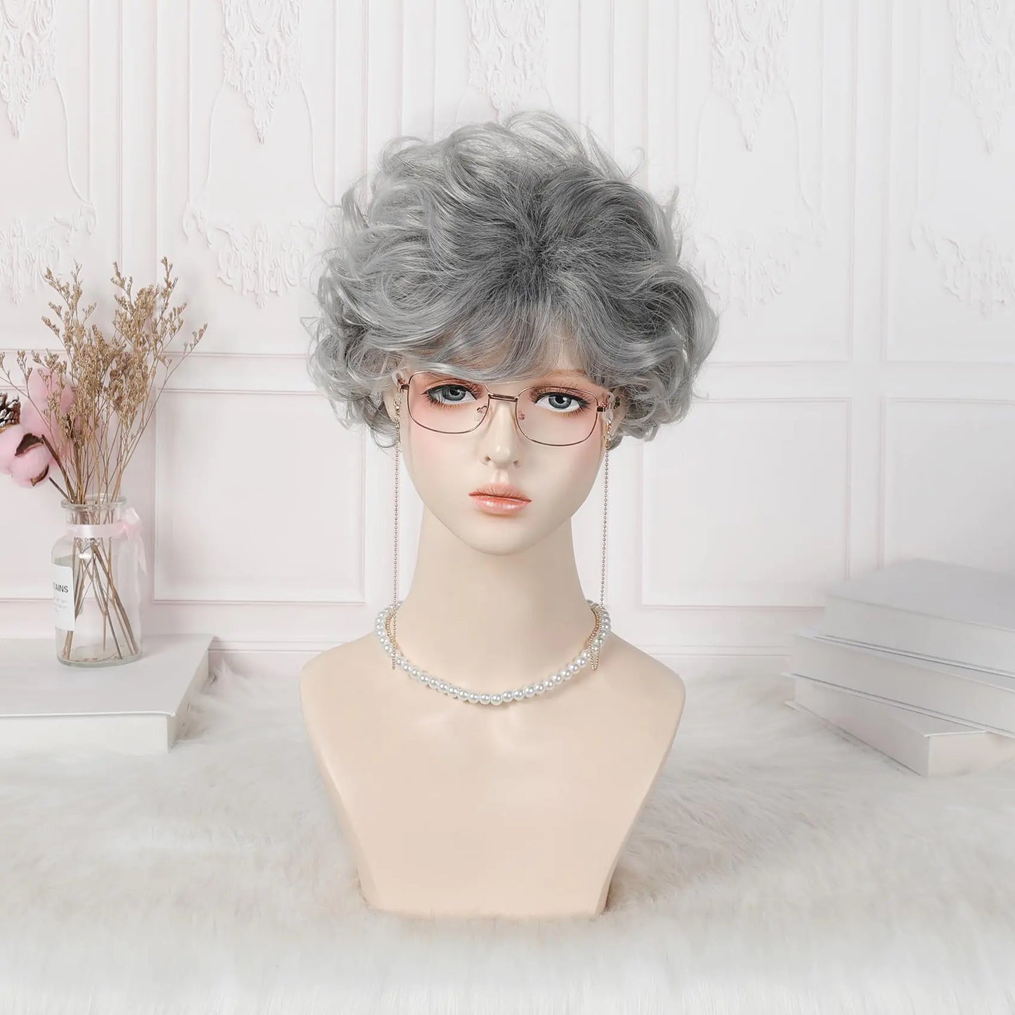 Old Lady Wig And Glasses Grey Wig Short Cosplay Grandma Wig Costume For Women Gray Old Lady