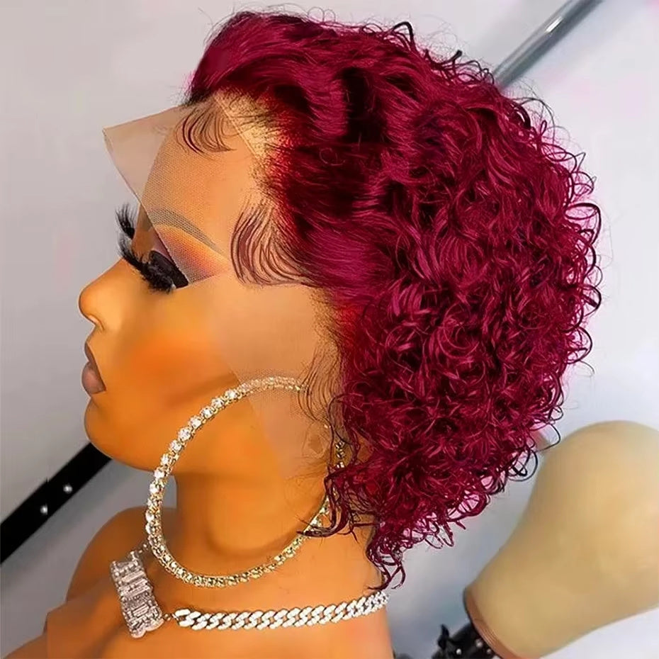 Pixie Cut 99J Color Lace Wig Spring Curl Short Human Hair Wig For Women Brazilian Burgundy Pixie Cut Wig