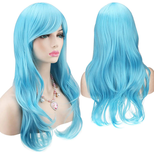 AKStore Women’s Heat Resistant 28-Inch 70cm Long Curly Hair Wig with Wig Cap, Light Blue