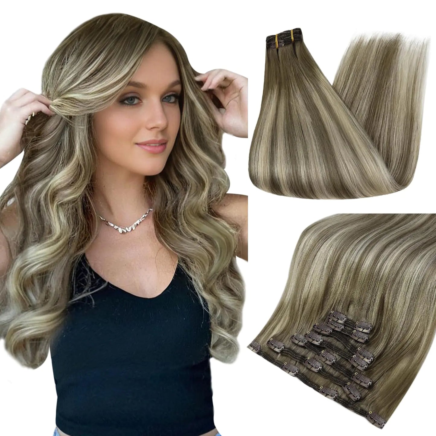 Seamless 20" Clip-In Remy Hair Extensions in Cool Taupe Blonde