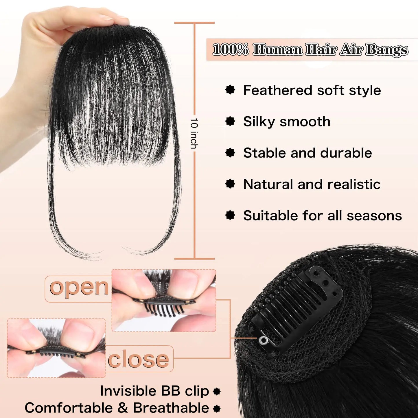 NAYOO Bangs Hair Clip in Bangs 100% Real Human Hair Extensions Natural Black Wispy Bangs Clip on Air Bangs for Women Fringe with Temples Hairpieces Curved Bangs for Daily Wear