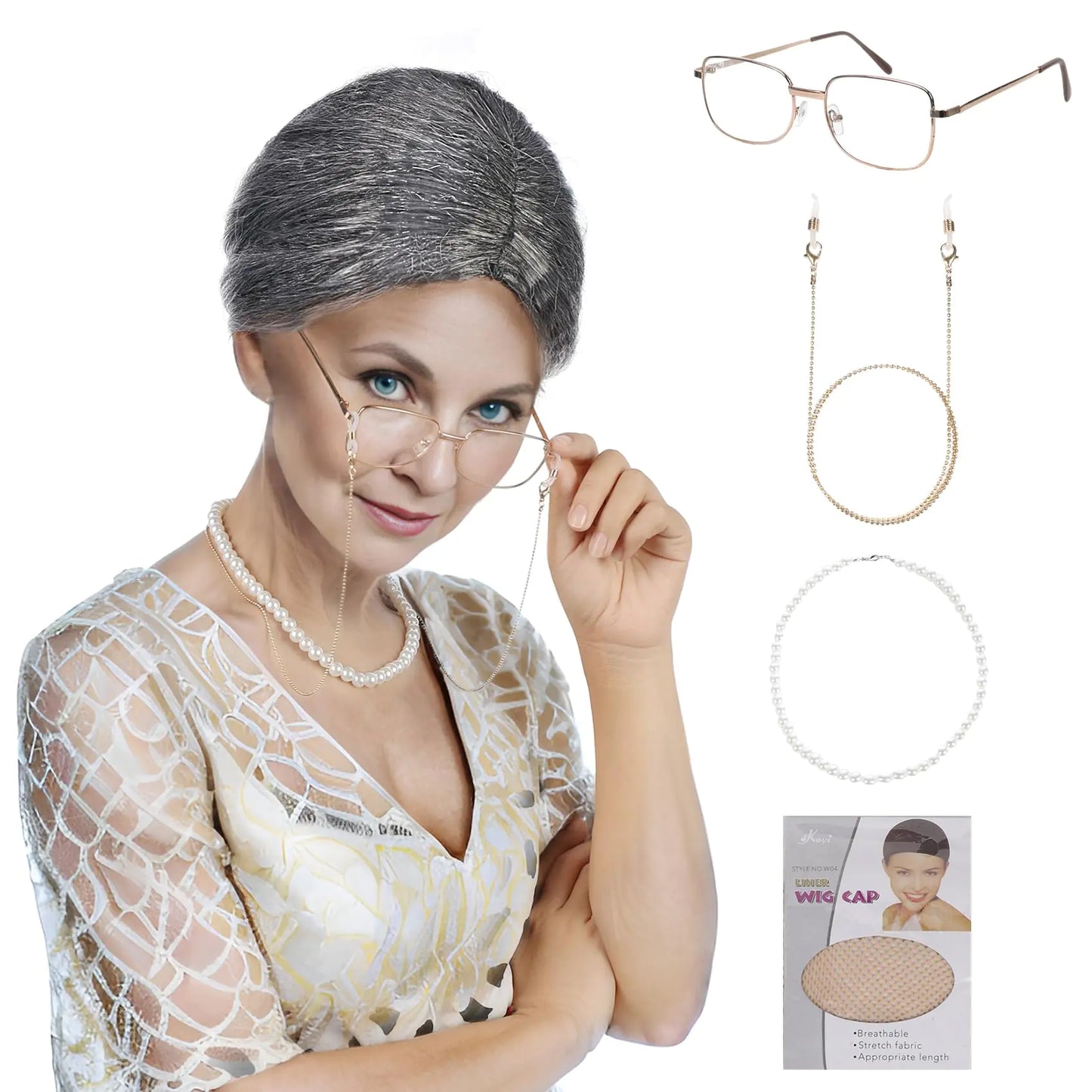 Old Lady Wig And Glasses Grey Wig Short Cosplay Grandma Wig Costume For Women Gray Old Lady