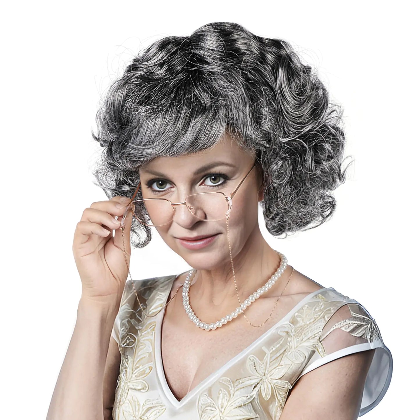 Old Lady Wig And Glasses Grey Wig Short Cosplay Grandma Wig Costume For Women Gray Old Lady