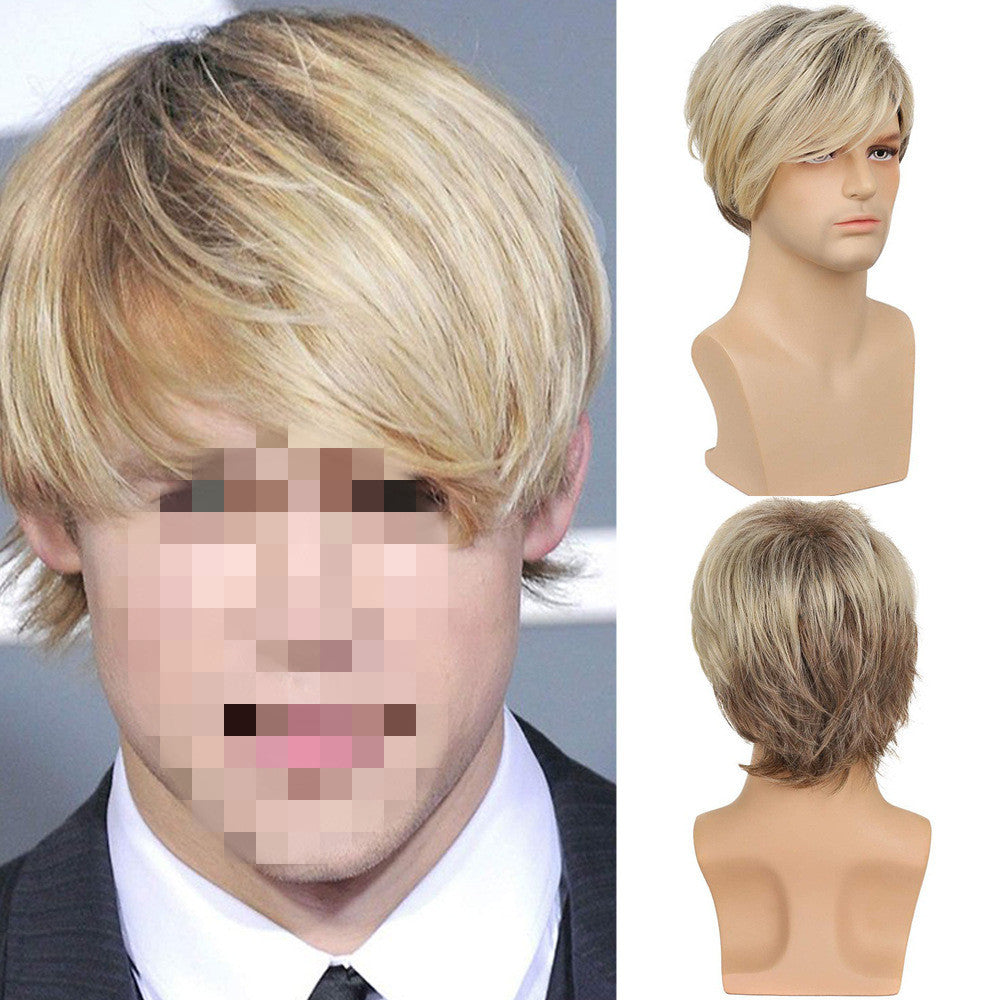 Men's Short Hair Wig Brown Gold Partial Bangs