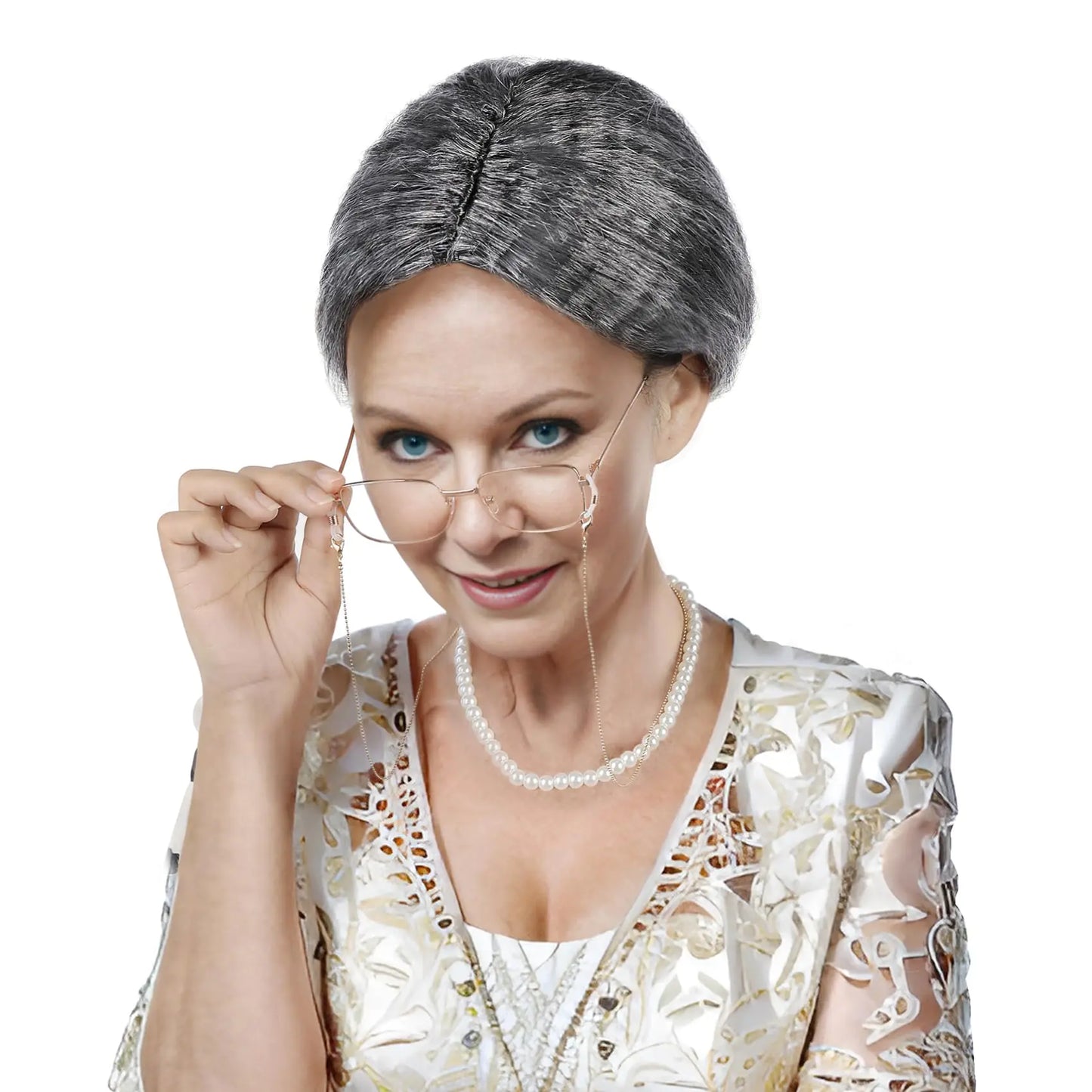 Old Lady Wig And Glasses Grey Wig Short Cosplay Grandma Wig Costume For Women Gray Old Lady