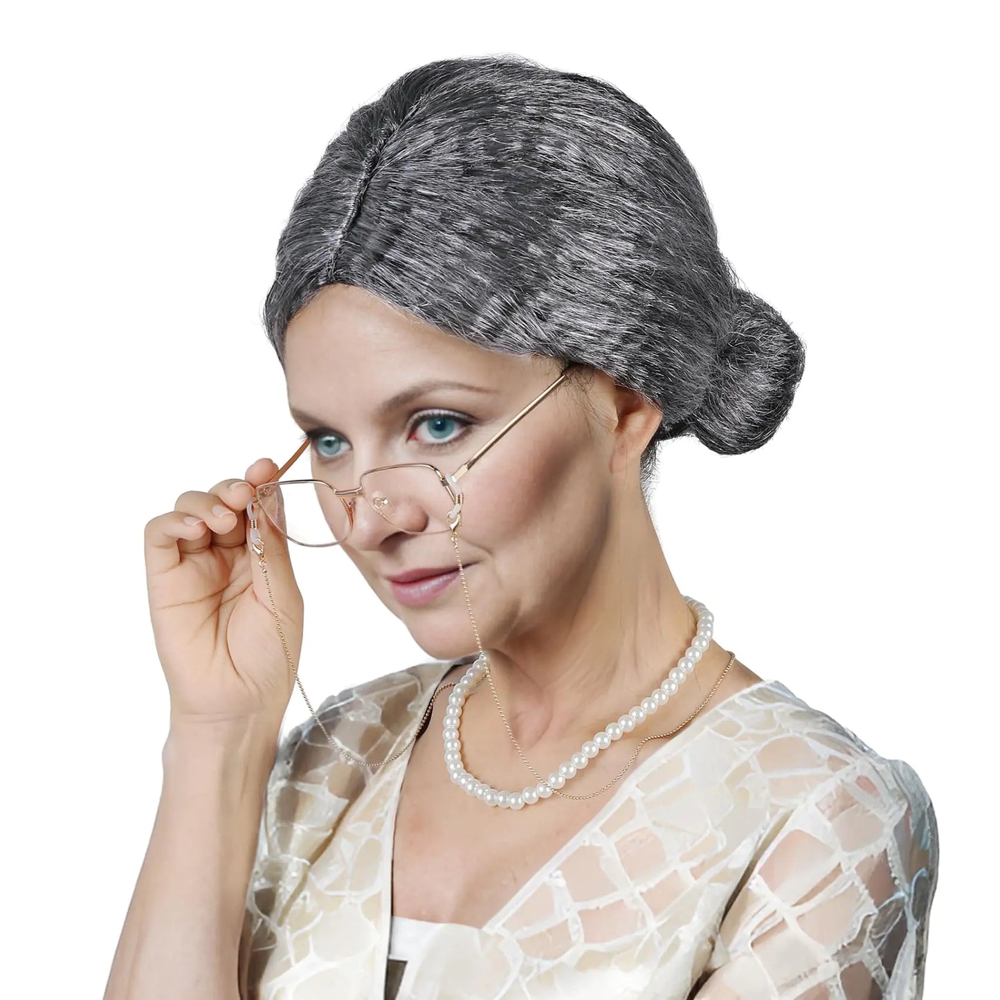 Old Lady Wig And Glasses Grey Wig Short Cosplay Grandma Wig Costume For Women Gray Old Lady