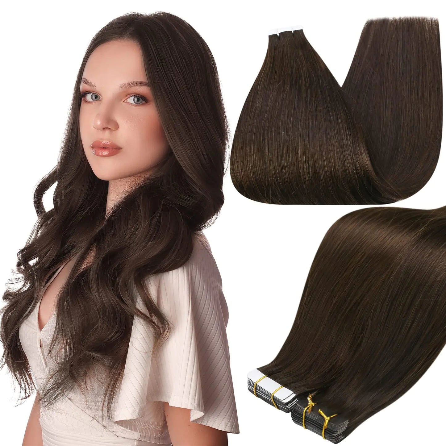 Full Shine Tape in Hair Extensions Remy Human Hair Invisible Skin Weft Color 2 Dark Brown Tape Hair Extensions Brazilian Hair 18 Inch 50 Gram Per Package 20 Pieces Seamless Human Hair Extensions # 2 Brown