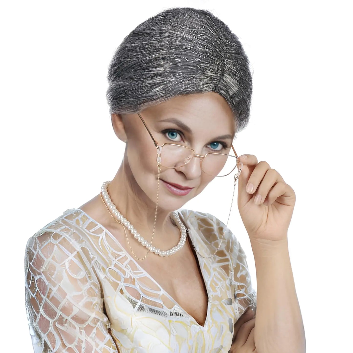 Old Lady Wig And Glasses Grey Wig Short Cosplay Grandma Wig Costume For Women Gray Old Lady