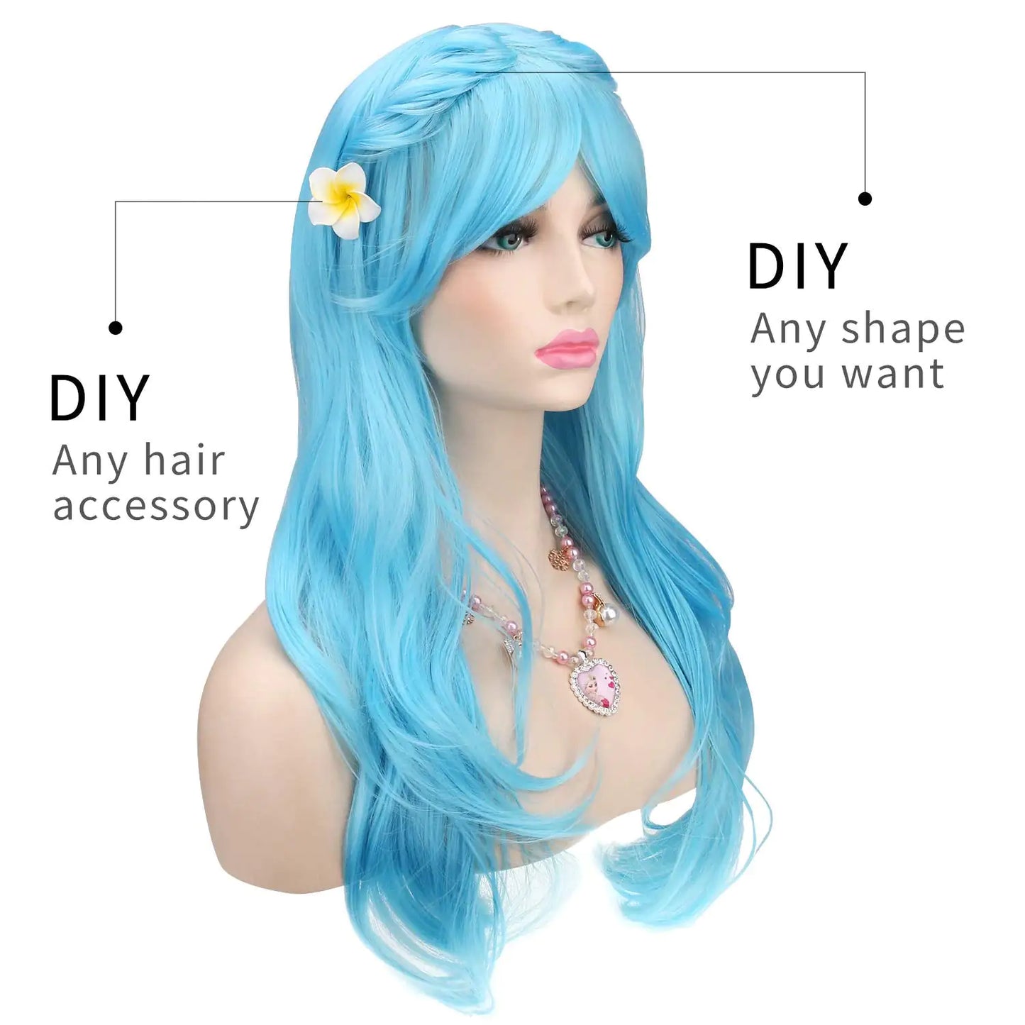 AKStore Women’s Heat Resistant 28-Inch 70cm Long Curly Hair Wig with Wig Cap, Light Blue